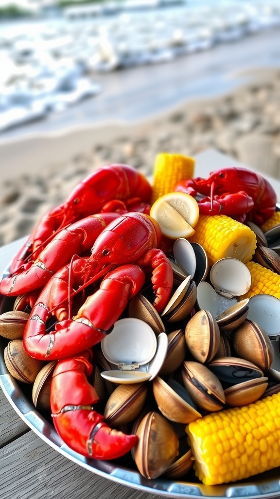 A delicious New England clam bake with lobsters, clams, and corn on a platter at the beach.